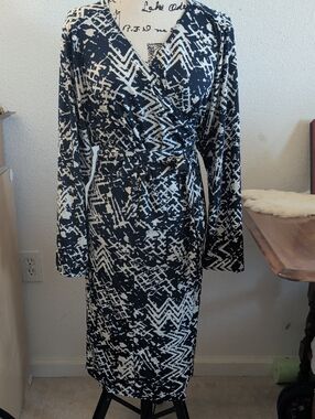 Black and White Long Sleeve Wrap Dress with Abstract Print